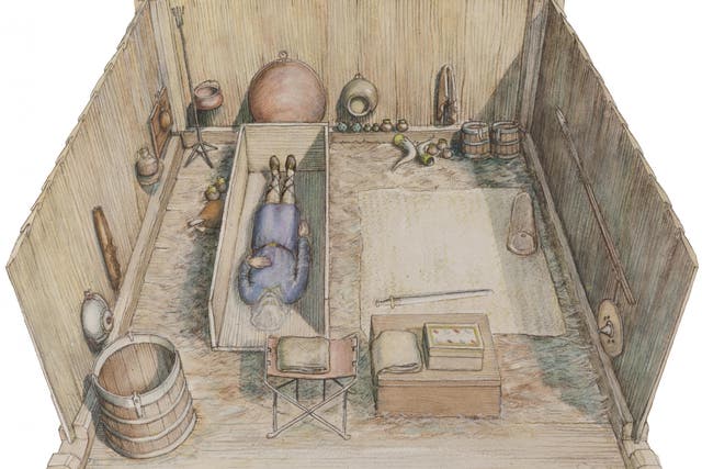 A reconstruction drawing of the Prittlewell princely burial chamber based on years of research