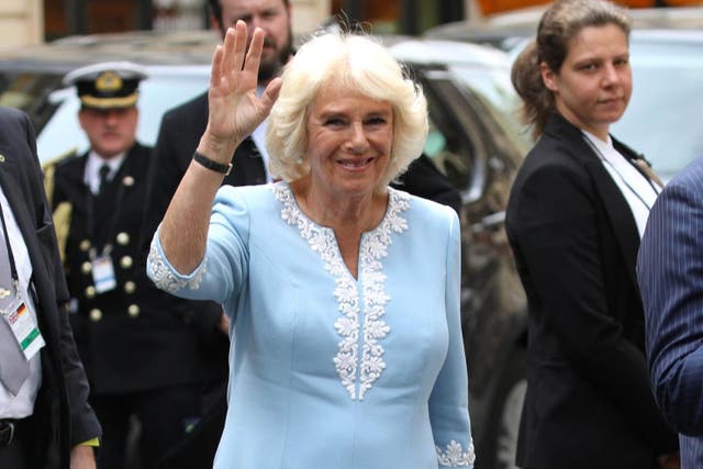 Camilla, Duchess of Cornwall arrives at St. Thomas Church on May 8, 2019 in Leipzig, Germany.