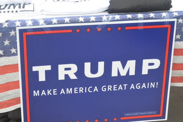 A Trump, Make America Great Again sign outside the Donald Trump Presidential campaign rally in downtown San Diego