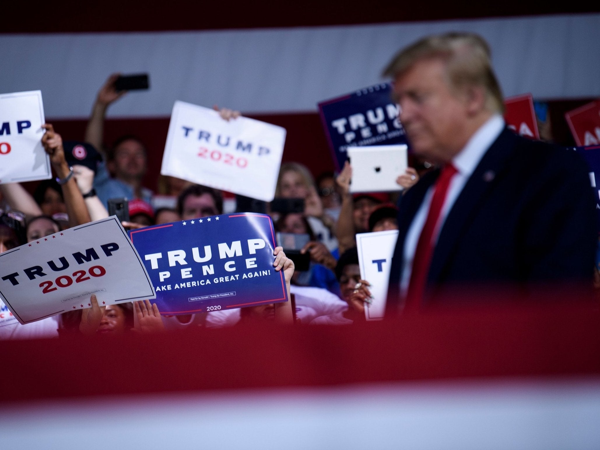 Donald Trump arrives at a "Make America Great Again" rally at Aaron Bessant Amphitheater in Panama City Beach, Florida on 8 May