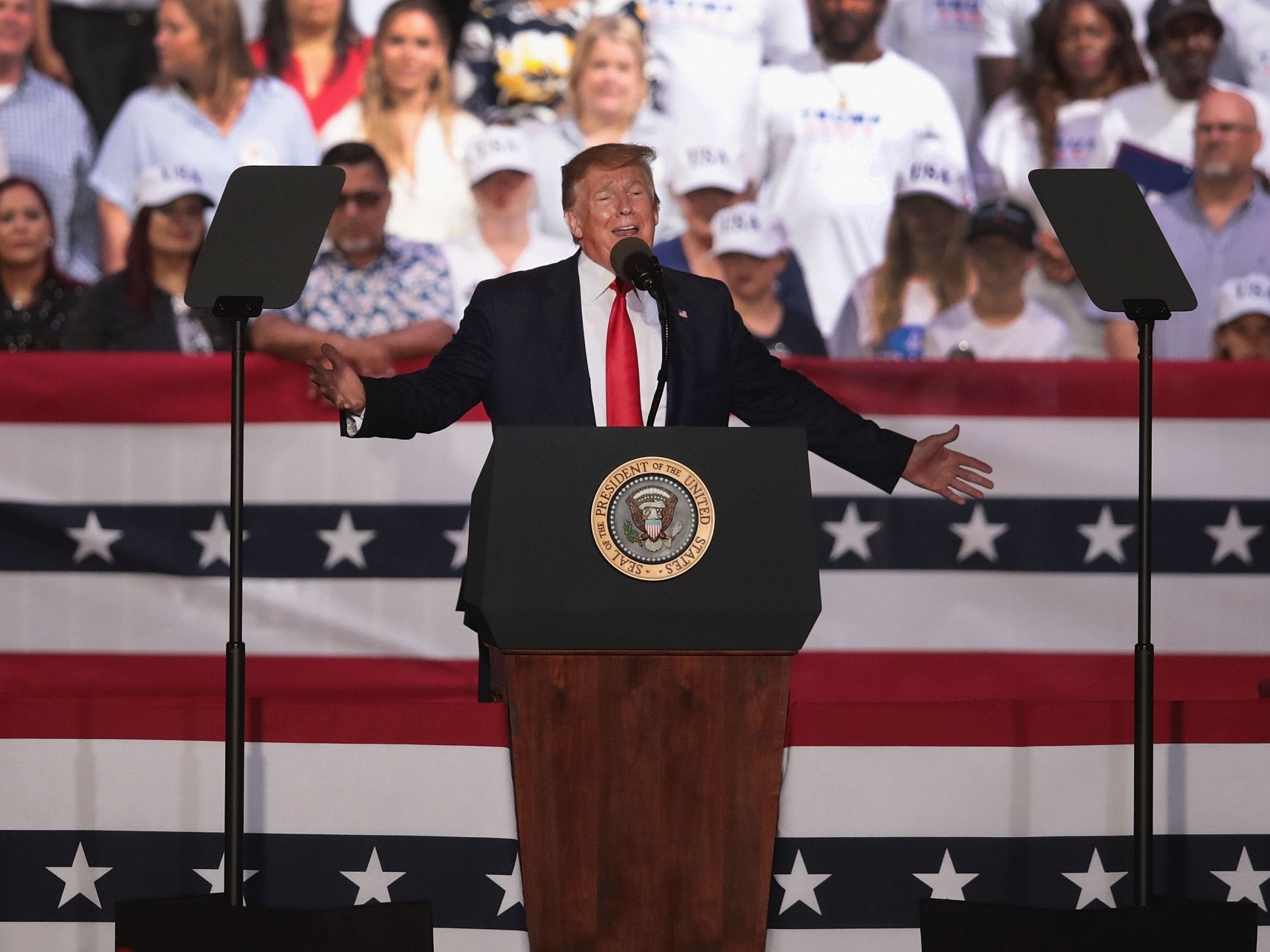 US president Donald Trump speaks during a rally at the Aaron Bessant Amphitheater in Panama City Beach, Florida, on 8 May 2019