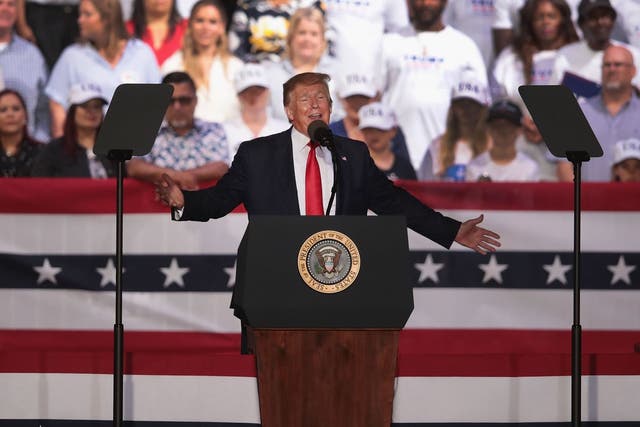 US president Donald Trump speaks during a rally at the Aaron Bessant Amphitheater in Panama City Beach, Florida, on 8 May 2019