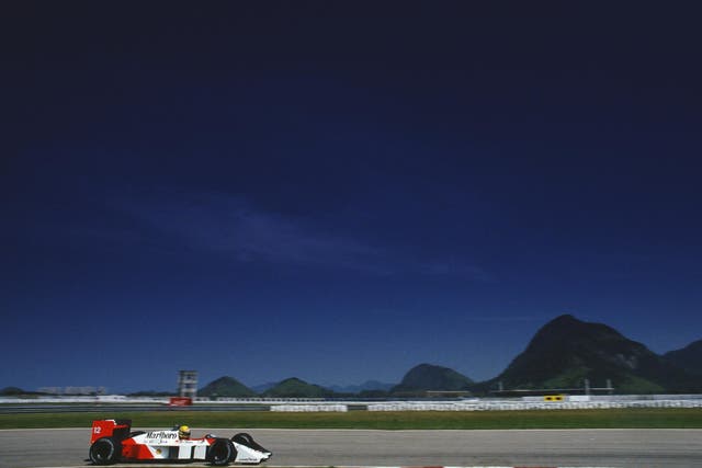 Ayrton Senna of Brazil drives during the Brazilian Grand Prix in 1988