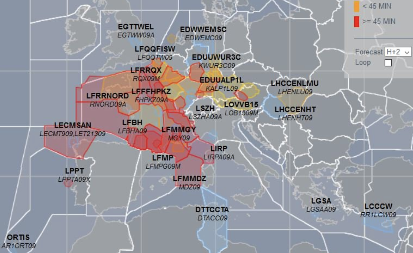Red alert: map of European airspace showing the effects of the French strike