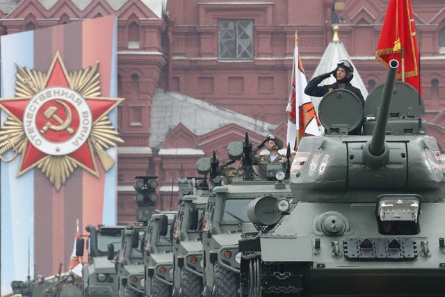 The T-34 tank, a workhorse of the Soviet WWII campaign, leads the Victory Day column on Red Square