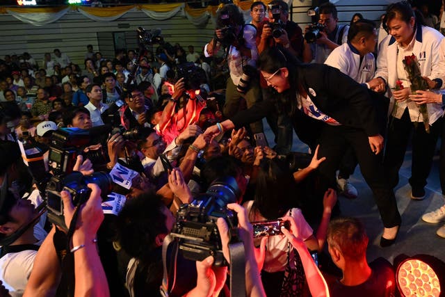 Pheu Thai supporters greet the party’s candidate for prime minister, Sudarat Keyuraphan, on the eve of the election. Six weeks later, the party looks set to be denied the opportunity to form a government