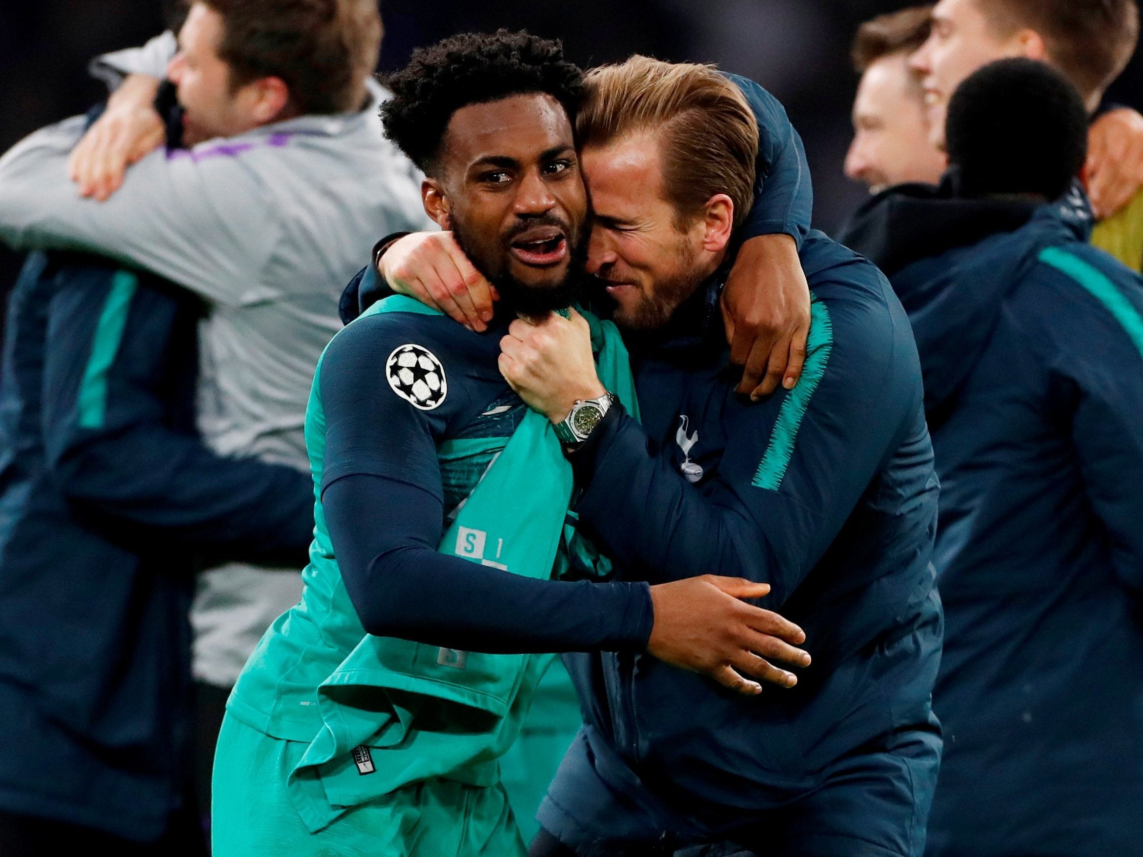 Danny Rose celebrates with Harry Kane after beat Ajax