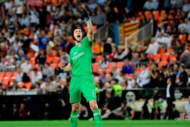 Petr Cech celebrates Arsenal's fourth goal of the night