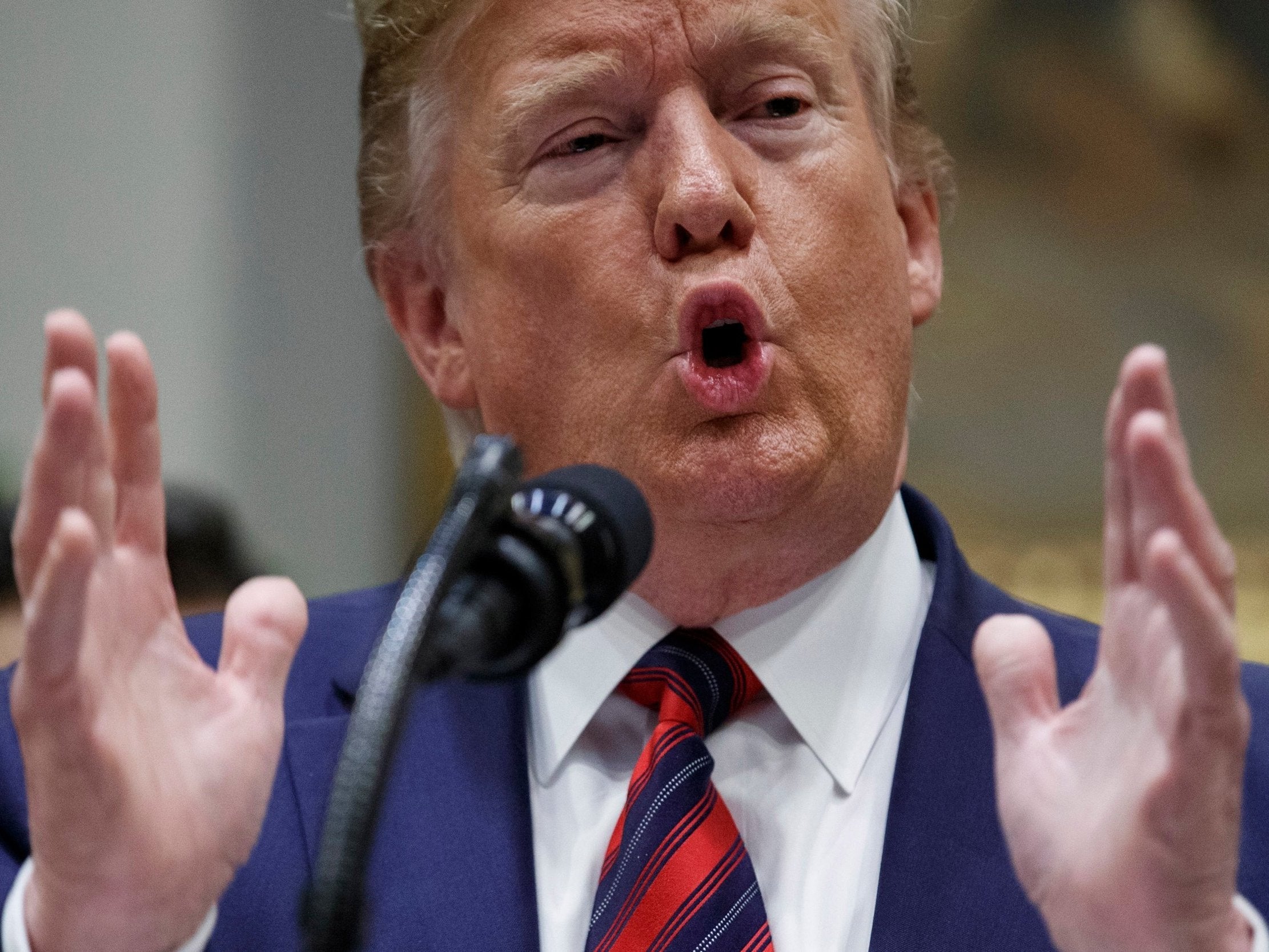 President Donald Trump responds to a question from the news media following his remarks on ending surprise medical billing in the Roosevelt room of the White House in Washington, DC, on 9 May 2019