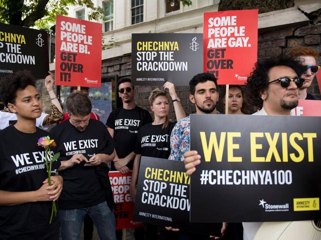 Demonstrators protest over an alleged crackdown on gay men in Chechnya outside the Russian Embassy in London in 2017