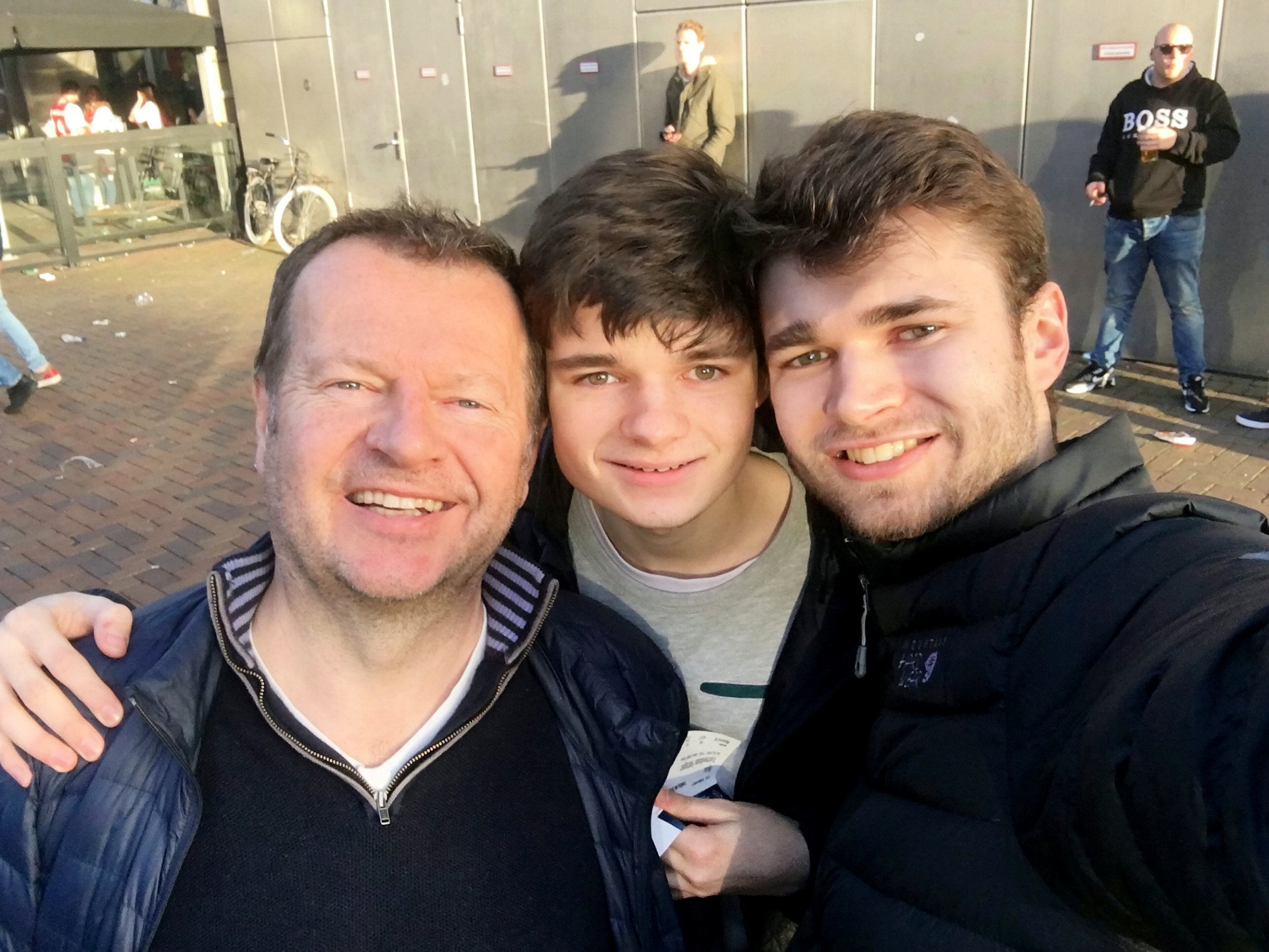 Michael (left), Will (centre) and James Perkins outside the stadium. The trio missed Spurs' comeback after accidentally leaving the ground at halftime