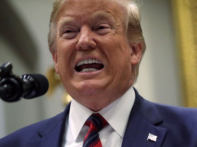 Donald Trump speaks during a Roosevelt Room event at the White House