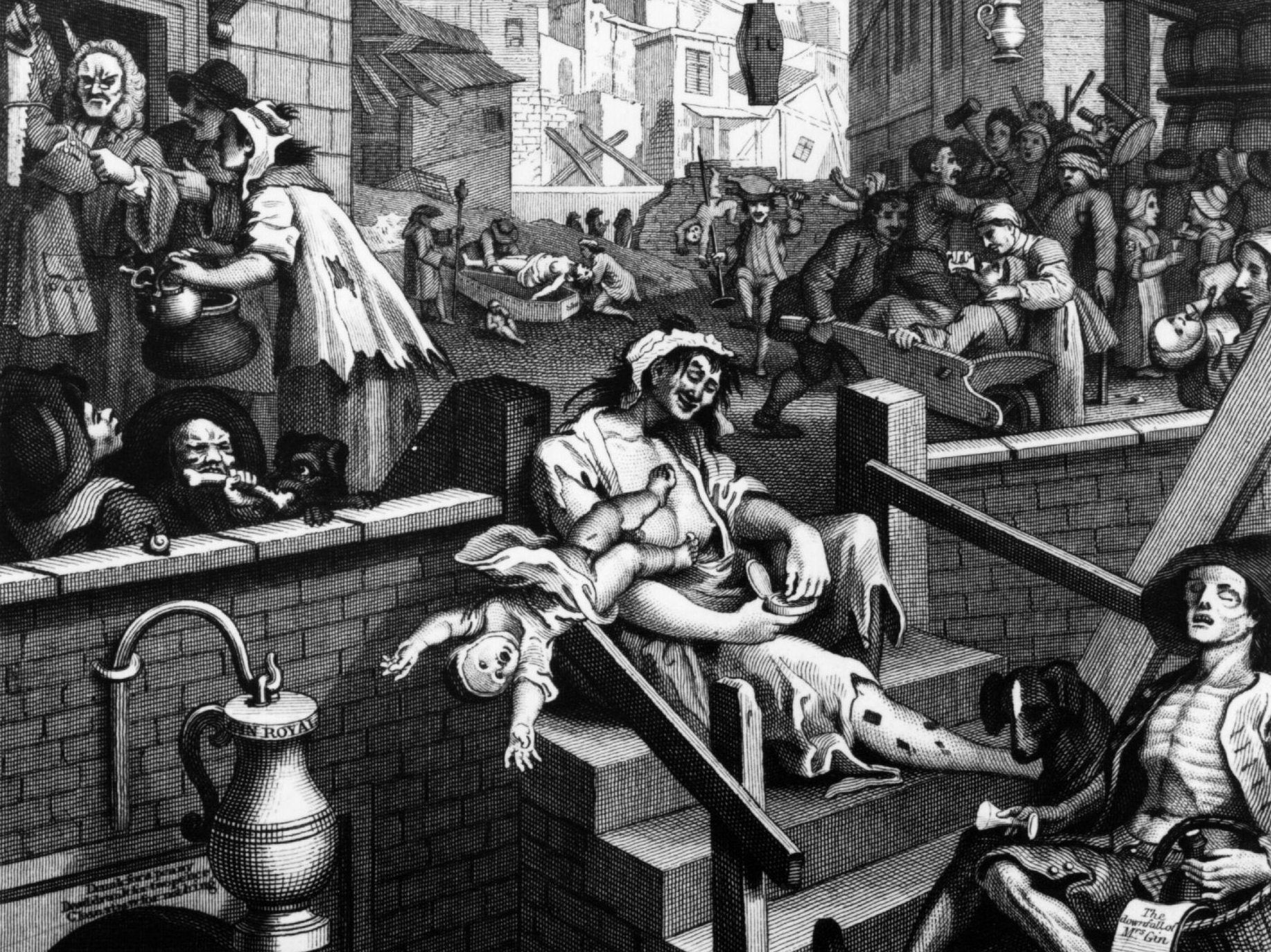 Scenes of debauchery in Gin Lane by William Hogarth
