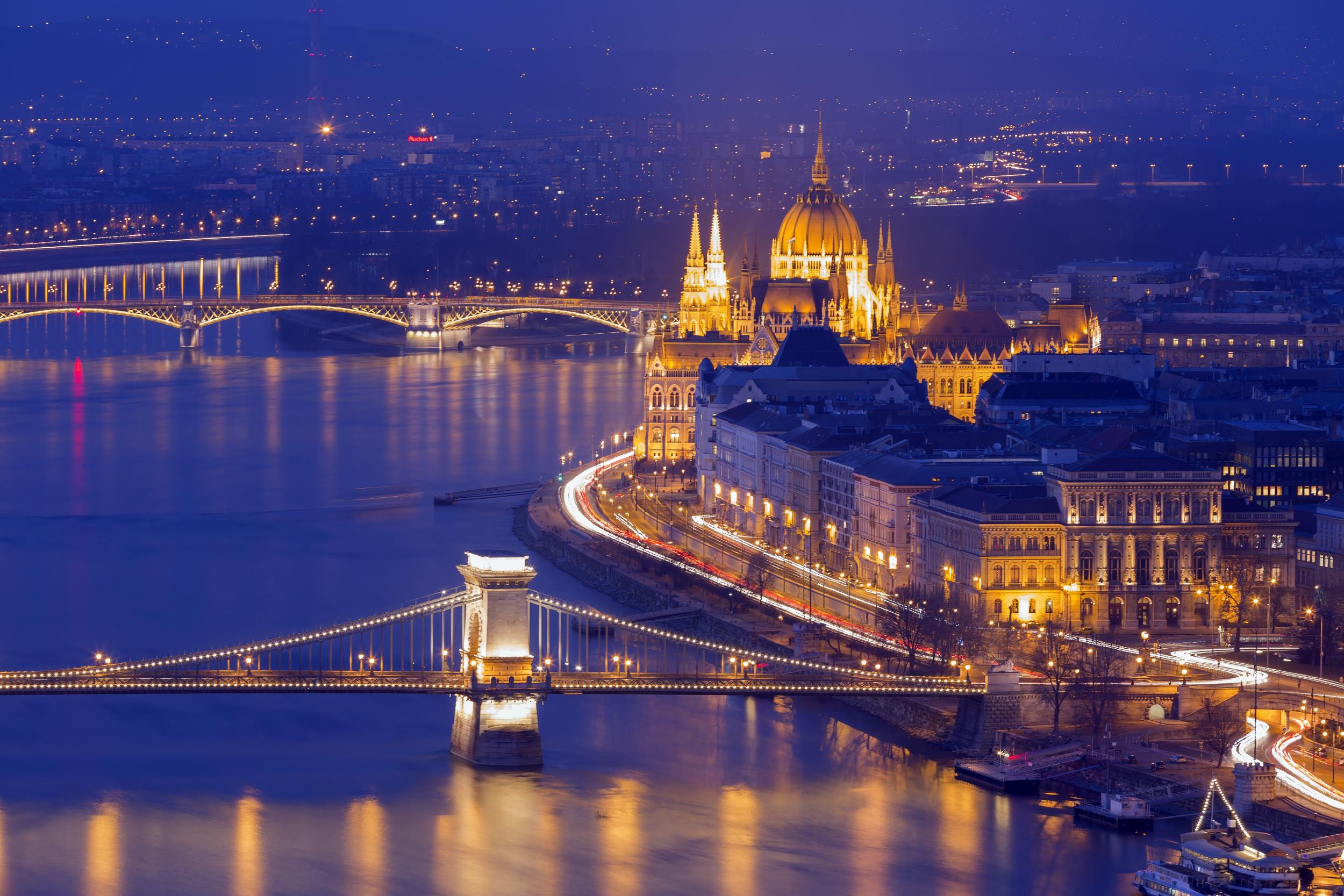 Budapest at night with lights reflected in the Danube