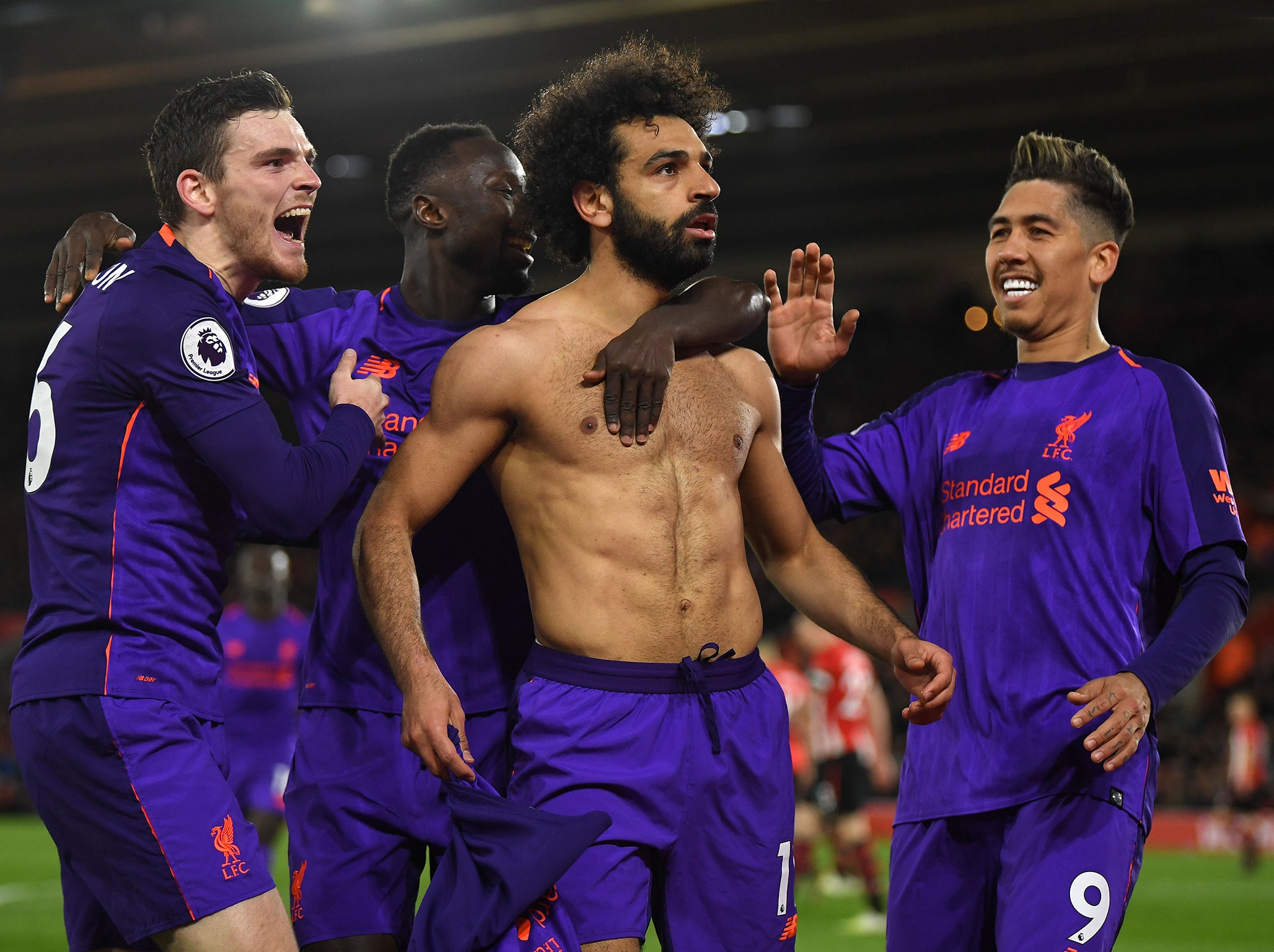 Mo Salah is mobbed after his goal against Southampton