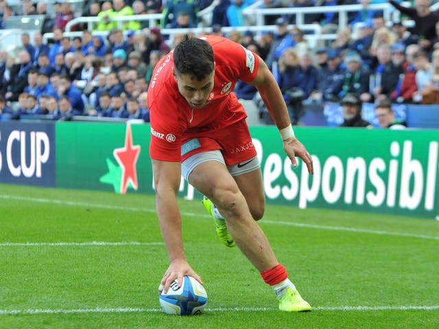 Sean Maitland scores a try for Saracens against Leinster