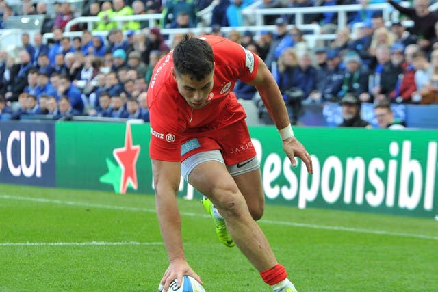 Sean Maitland scores a try for Saracens against Leinster