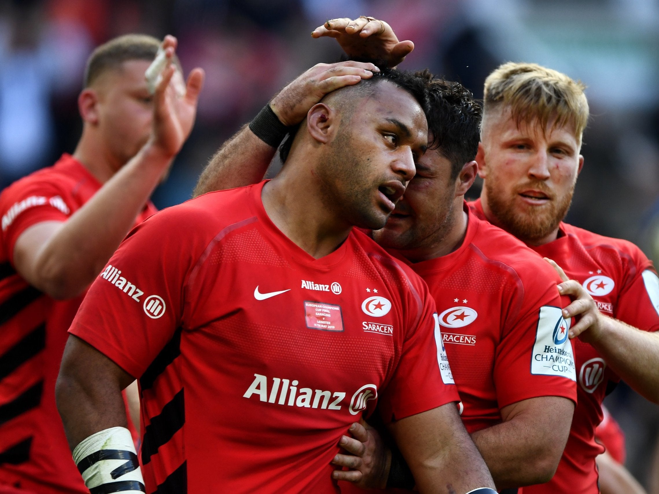 Billy Vunipola celebrates with Brad Barritt after scoring a try in Saracens' victory over Leinster