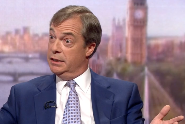 Brexit Party leader Nigel Farage protests on Sunday’s ‘Andrew Marr Show’ as he is questioned about his past views