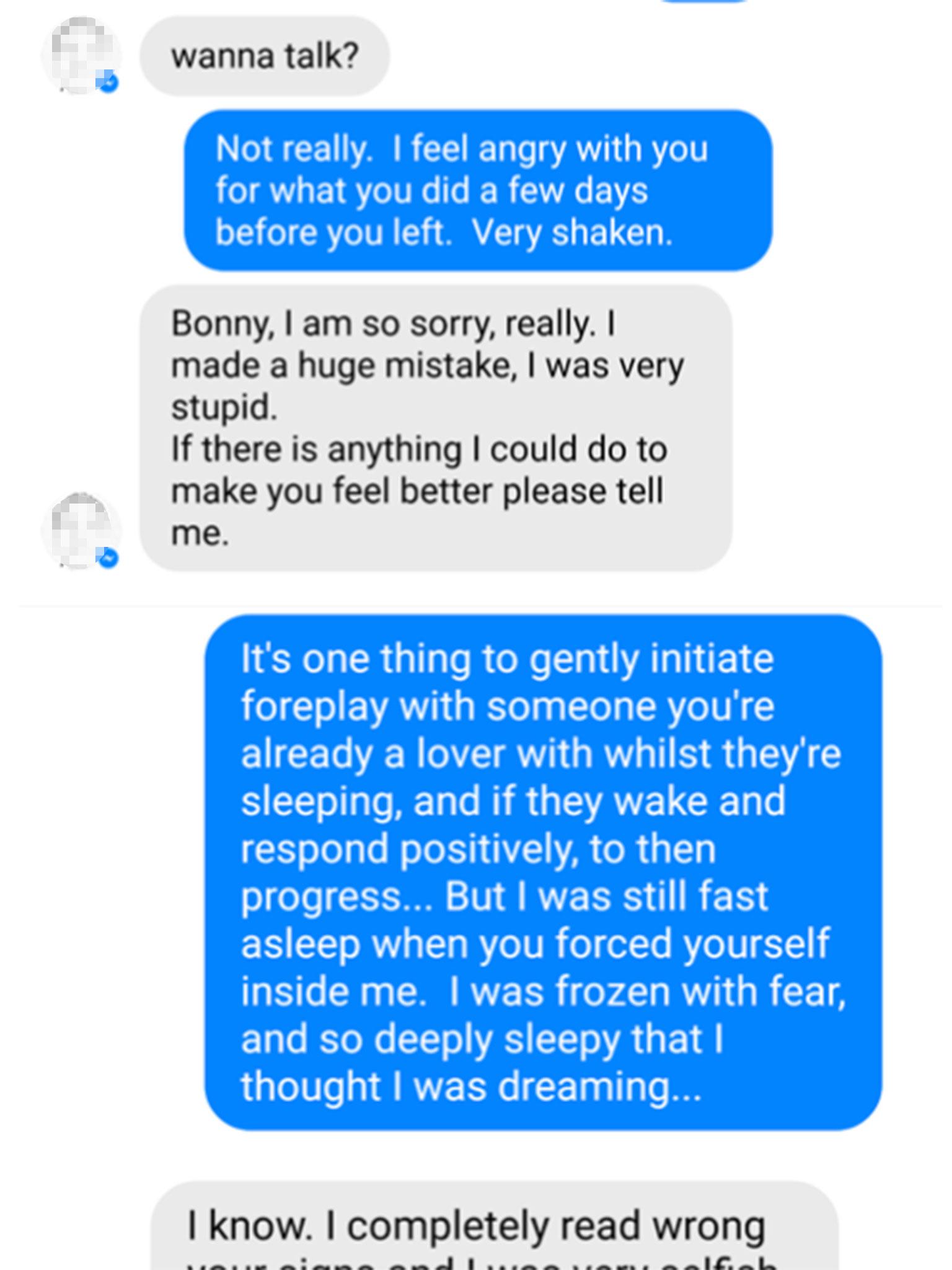 Facebook messages between Bonny Turner and a man she accused of raping her while she slept