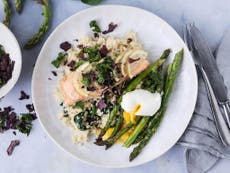 Salmon, poached egg, asparagus and seaweed, recipes