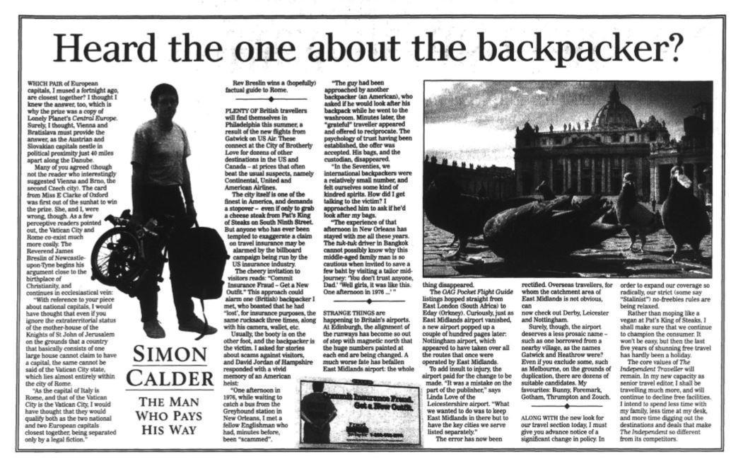 1999: our simon was never afraid to hitch a ride, as this article relates