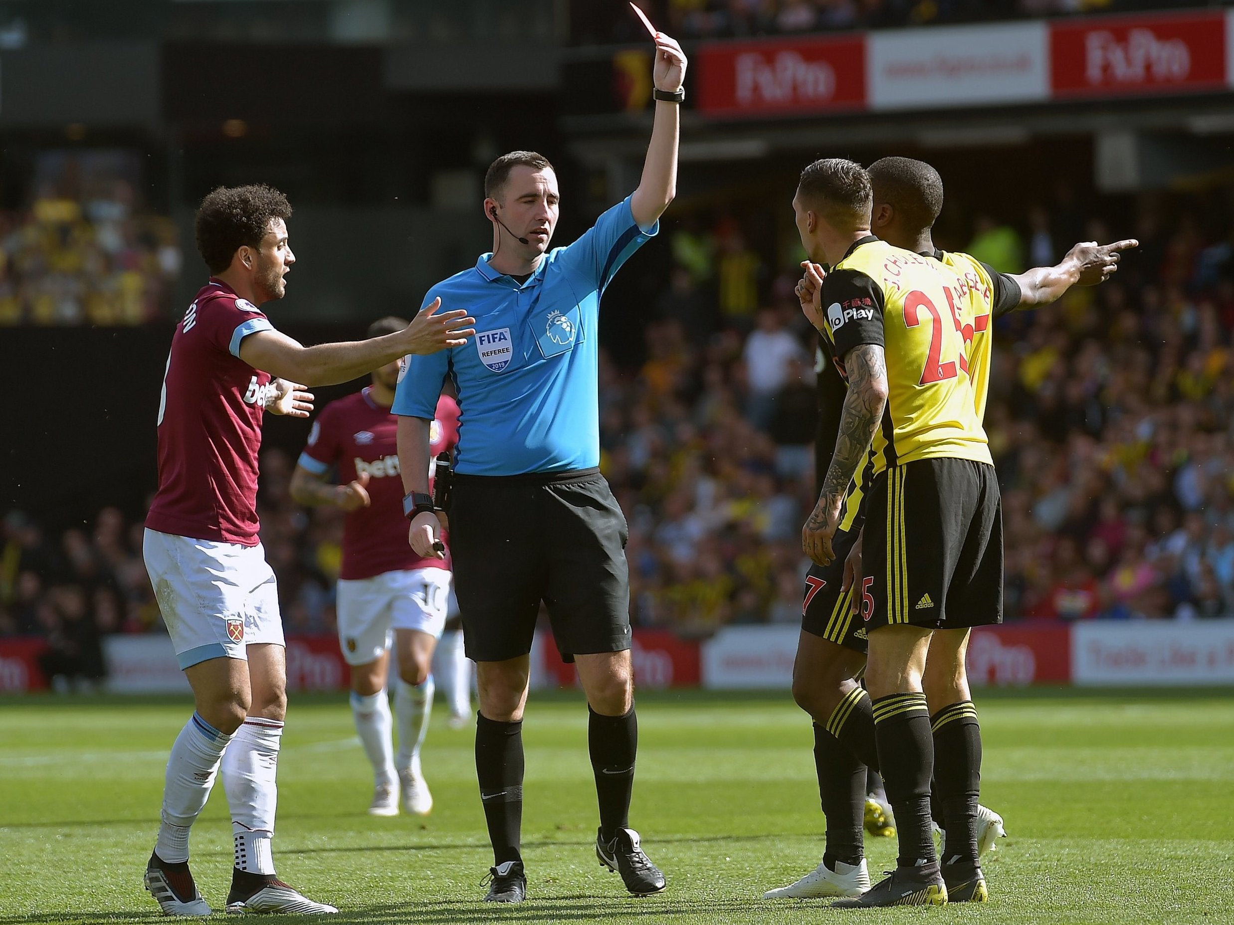 Holebas is sent off by referee Chris Kavanagh (Getty)