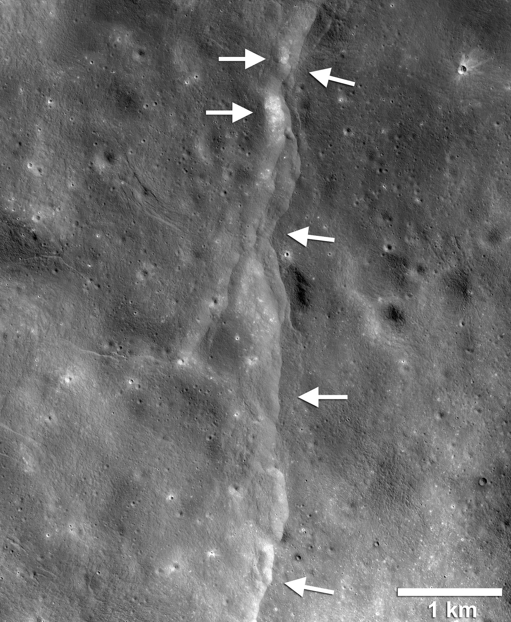 One of thousands of the faults found on the Moon by Nasa's Lunar Reconnaissance Orbiter