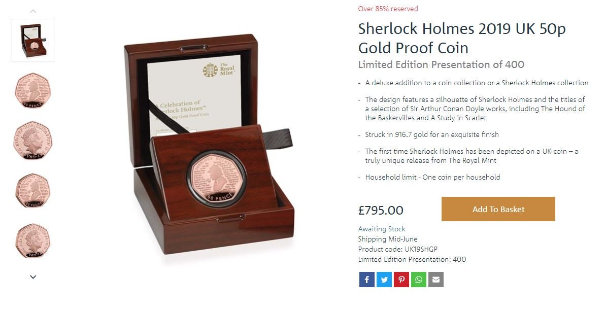 Sherlock Holmes 2019 UK 50p Gold Proof Coin