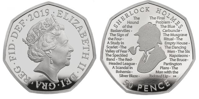 Royal Mint undated handout photo of their commemorative 50p to celebrate 160 years since the birth of Sir Arthur Conan Doyle, with a coin dedicated to his most famous creation - the detective Sherlock Holmes.