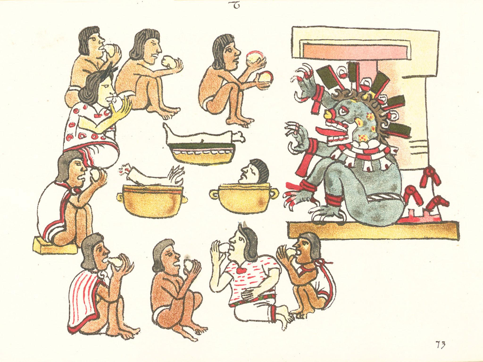 A scene depicting the Aztec god Mictlantecuhtli and ritualistic cannibalism in prehispanic Mesoamerica in the ‘Codex Magliabechiano’