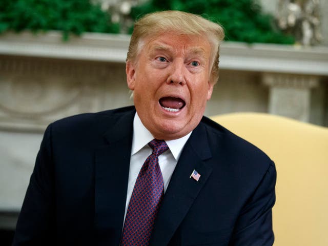 President Donald Trump speaks during a meeting with Hungarian prime minister Viktor Orban in the Oval Office of the White House on Monday 13 May 2019