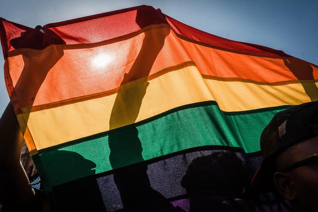 Pride activists fly an LGBT+ flag at a march in South Africa