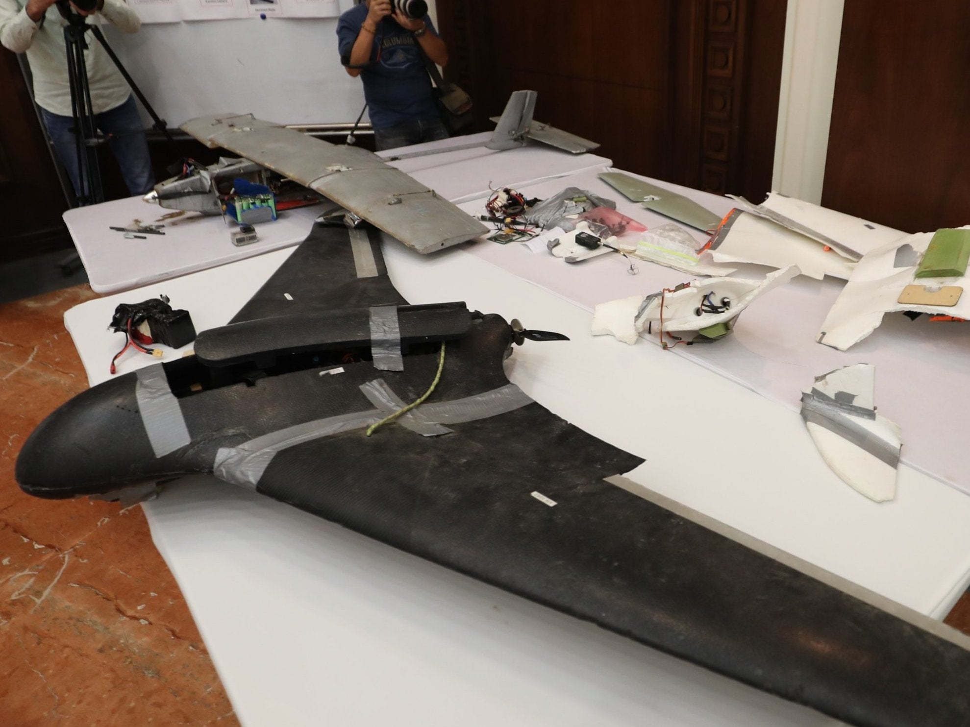 A drone which the Emirati armed forces say was used last year by Houthi rebels in Yemen in battles against the coalition forces led by the UAE and Saudi Arabia