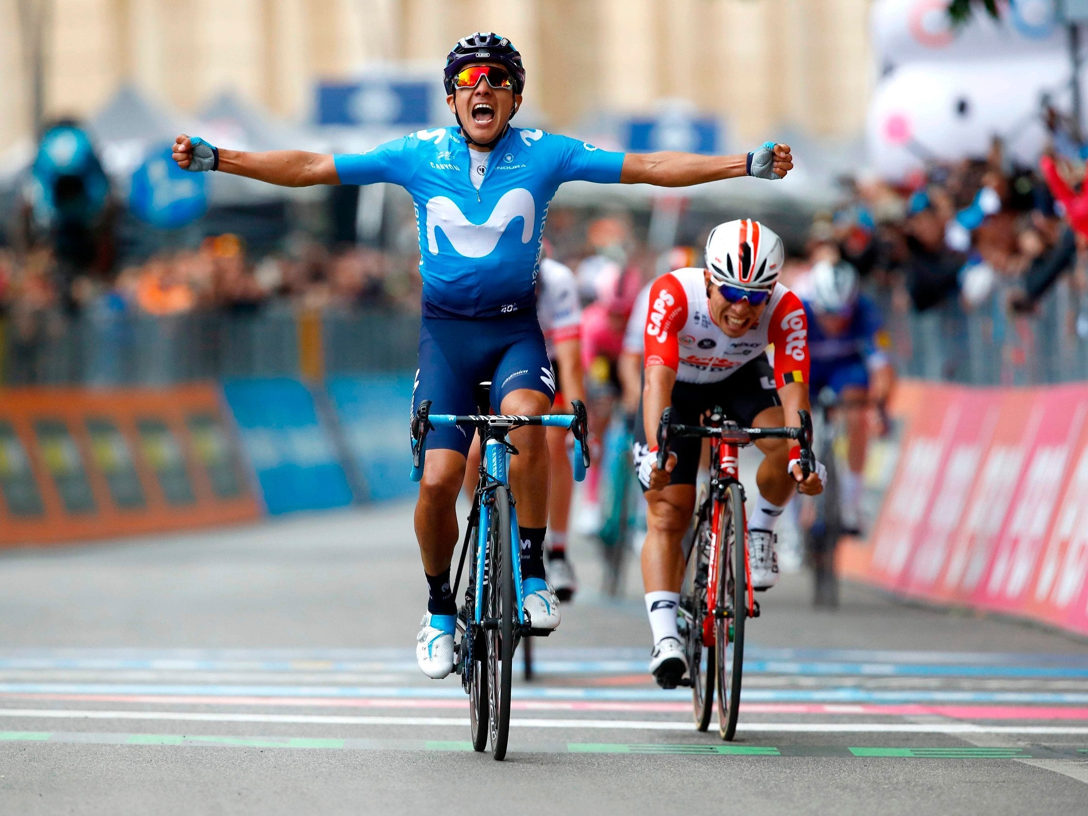 Team Movistar's Richard Carapaz celebrates the stage victory