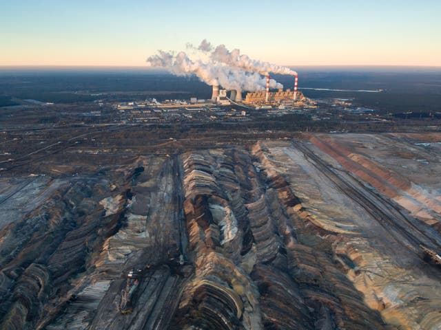 Aerial view of an open-cast coal mine in Belchatow, Poland
