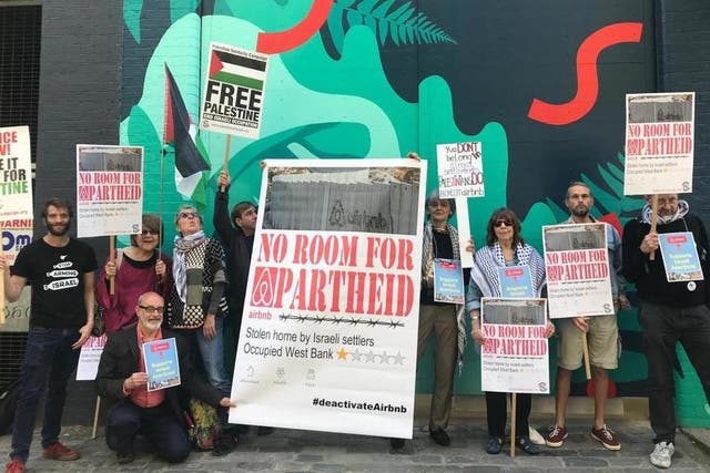 Supporters of the Palestine Solidarity Campaign gathered outside the Airbnb London Head Quarters on Wednesday 15 May 2019 to protest the company's decision to re-list properties in Israeli West Bank settlements, considered illegal under international law.