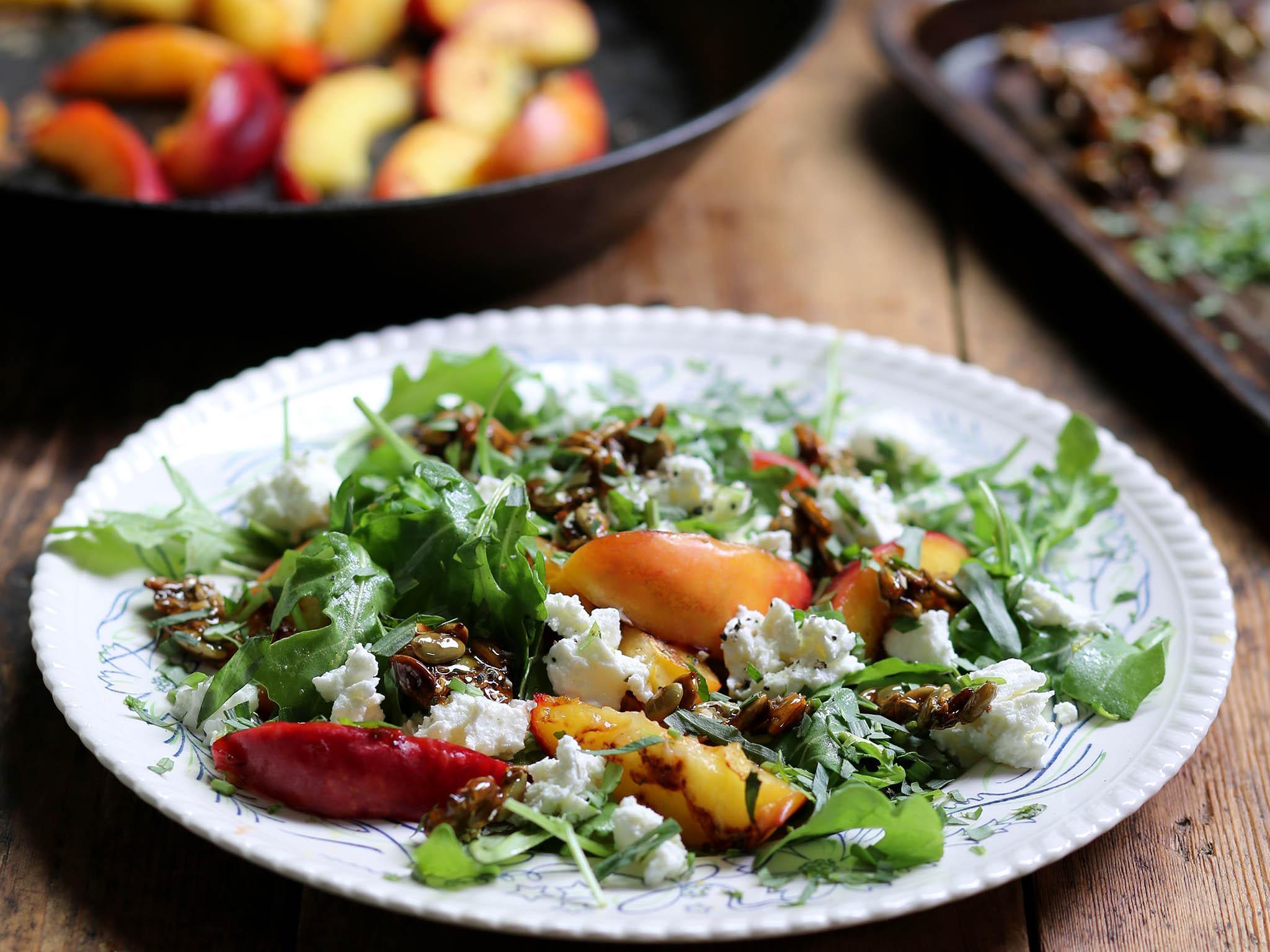 How to make griddled nectarine salad with honeyed pumpkin-seed brittle