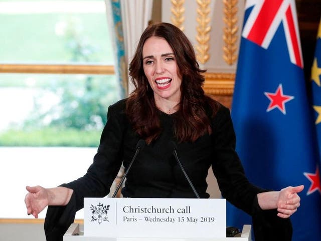 New Zealand's Prime Minister Jacinda Ardern gestures as she speaks during a press conference with French President to launch the global 'Christchurch Call' initiative to tackle the spread of extremism online at the Elysee Palace in Paris on 15 May, 2019