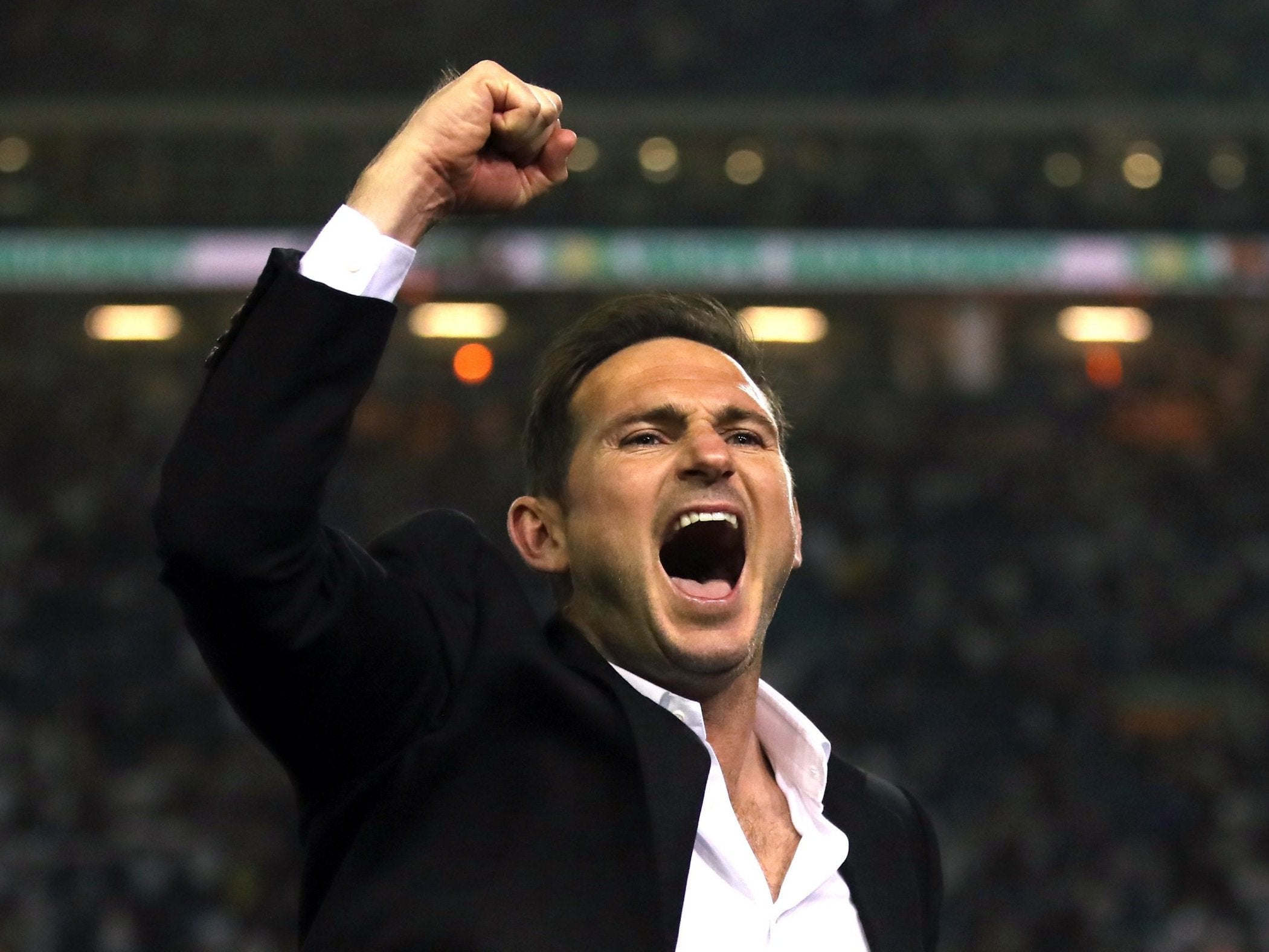 Frank Lampard celebrates Derby County's victory over Leeds United to reach the Championship play-off final