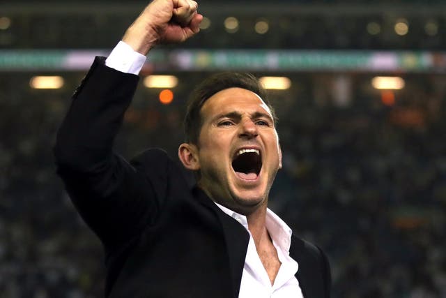 Frank Lampard celebrates Derby County's victory over Leeds United to reach the Championship play-off final