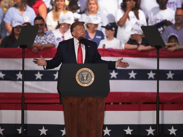 US President Donald Trump speaks during a rally at the Aaron Bessant Amphitheater on 87 May 2019 in Panama City Beach, Florida.