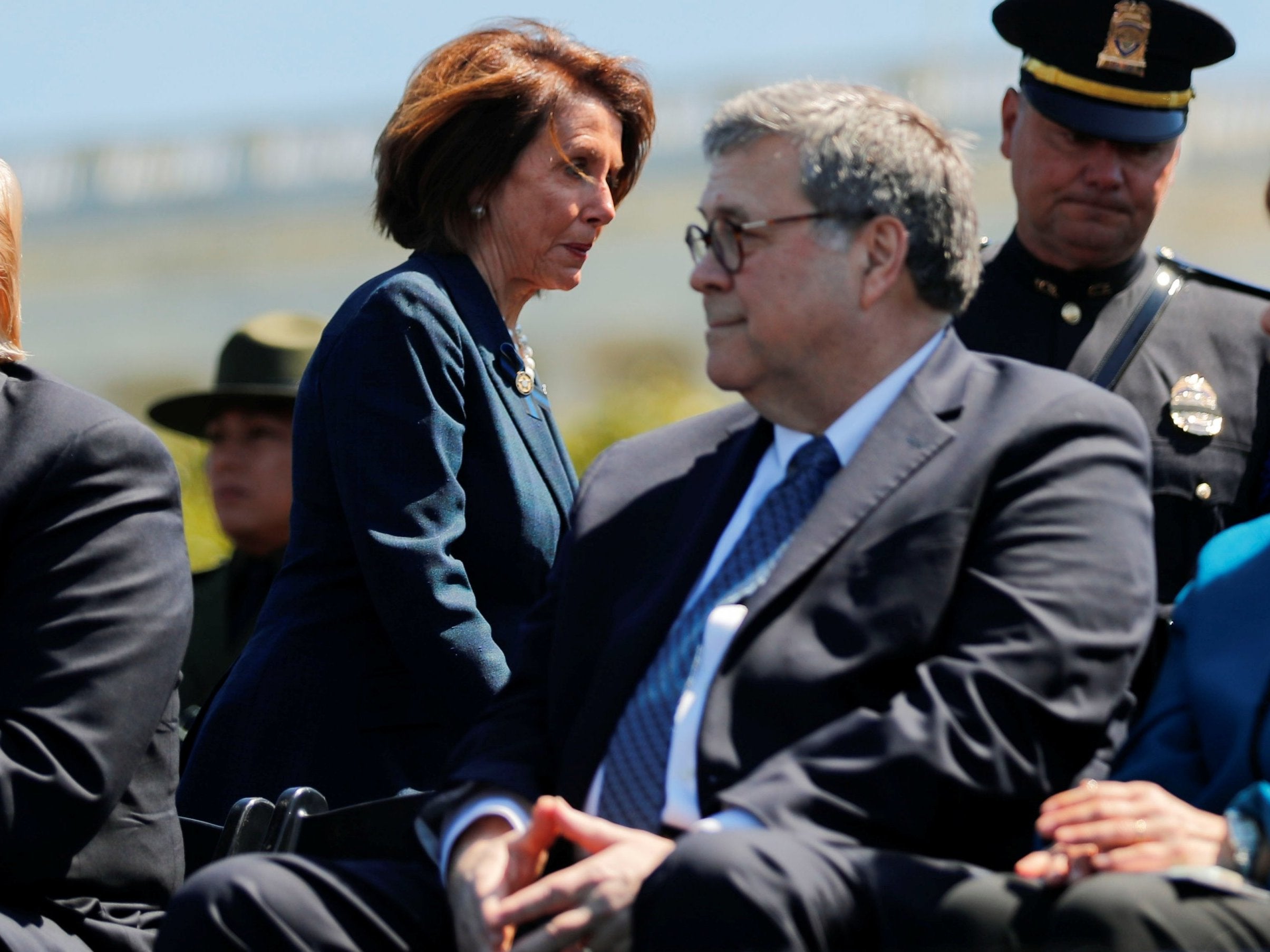 Speaker of the House Nancy Pelosi walks behind U.S. Attorney General William Barr as they both attend the 38th Annual National Peace Officers Memorial Service on Capitol Hill in Washington, US on 15 May 2019.
