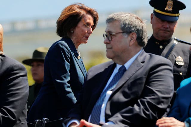 Speaker of the House Nancy Pelosi walks behind U.S. Attorney General William Barr as they both attend the 38th Annual National Peace Officers Memorial Service on Capitol Hill in Washington, US on 15 May 2019.