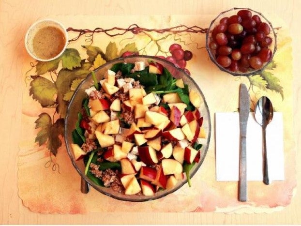 This image shows one of the study's unprocessed lunches, consisting of a spinach salad with chicken breast, apple slices, bulgur, and sunflower seeds and grapes.