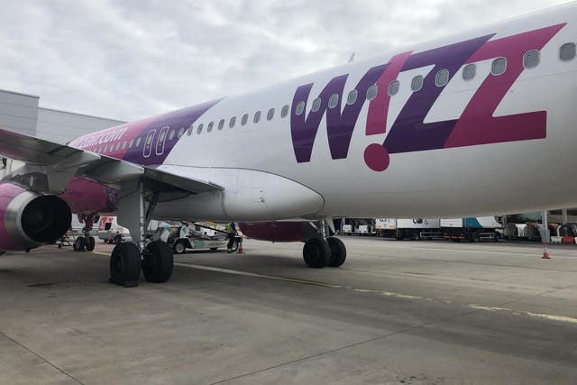 <p>Homeward bound: Wizz Air plane at Luton airport</p>