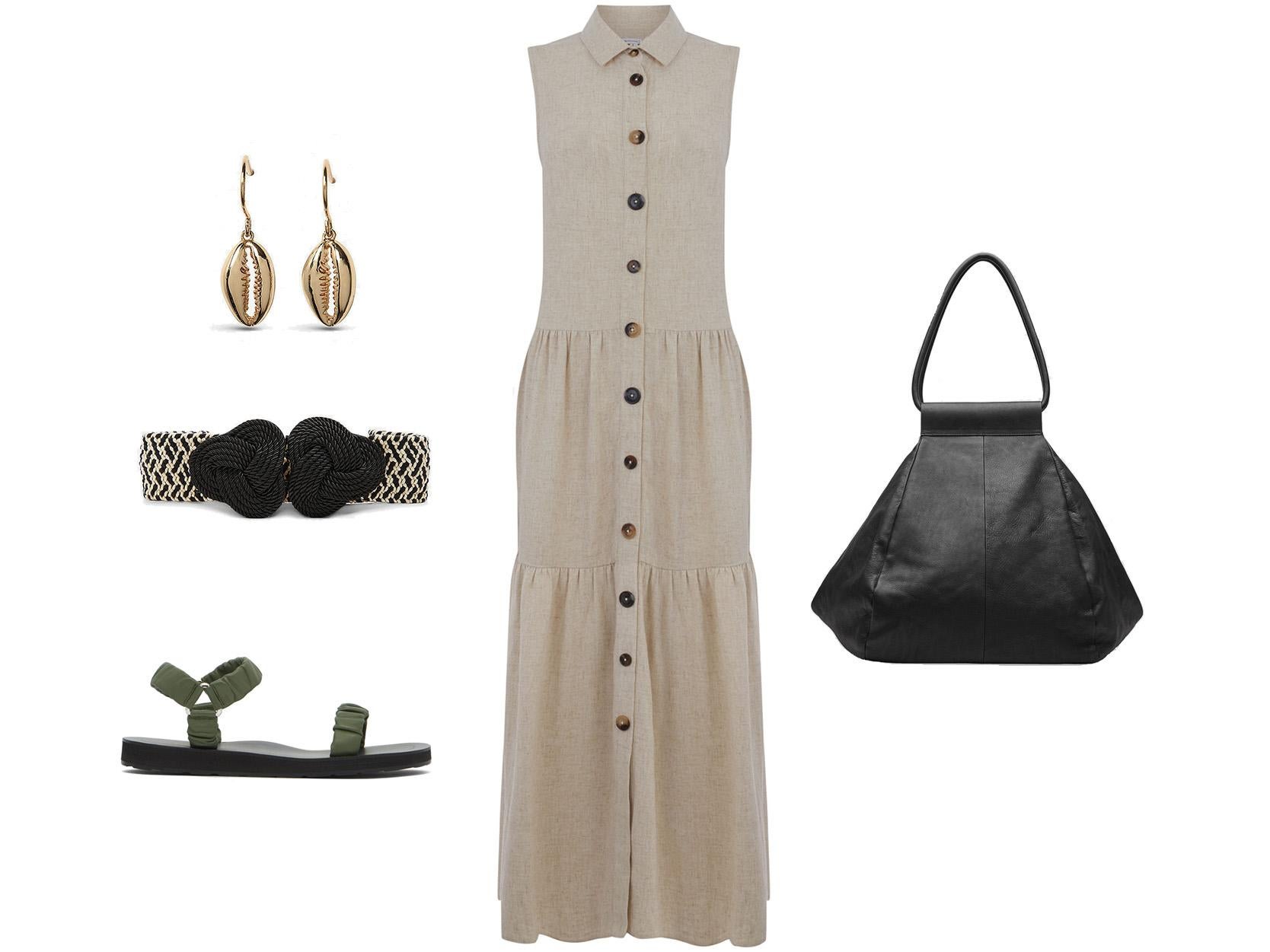 Shell God-Tone Earrings, £29, Selfridges; Two-Tone Stretch Belt, £19.99, Zara; The Row, Egon Ruched Leather Sandals, £625, Matches Fashion; Linen Mix Tiered Shirt Dress, £55, Warehouse; Folded Leather Tote Bag, £175, Cos