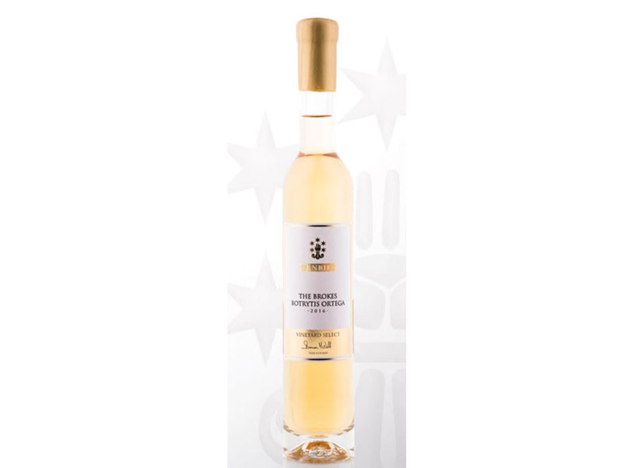 An expensive, but a worthwhile investment, a bottle of this Brokes Botrytis Ortega 2016 is the perfect dessert wine (Denbies)