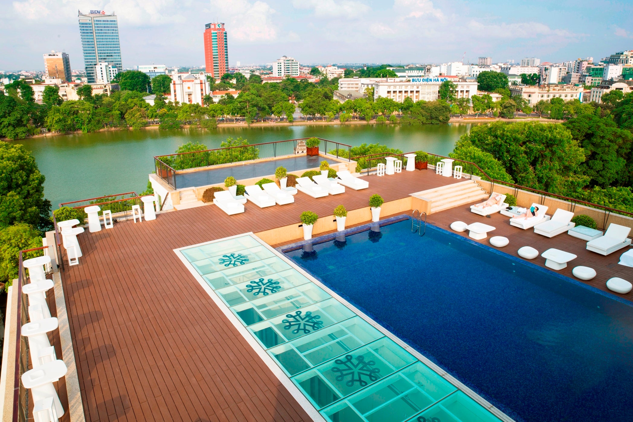 The rooftop swimming pool offers an excellent view of the city