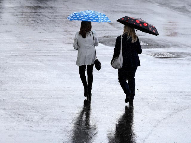 General view of spectators under umbrellas during a passing rain shower during the The Derby Trial Day at Lingfield Racecourse.